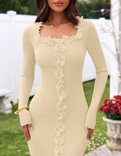 MEROKEETY Women's Fall Long Sleeve Sweater Dress 2025 Bodycon Square Neck Ruffle Ribbed Knit Midi Dresses, Apricot, Large - Thumbnail 4