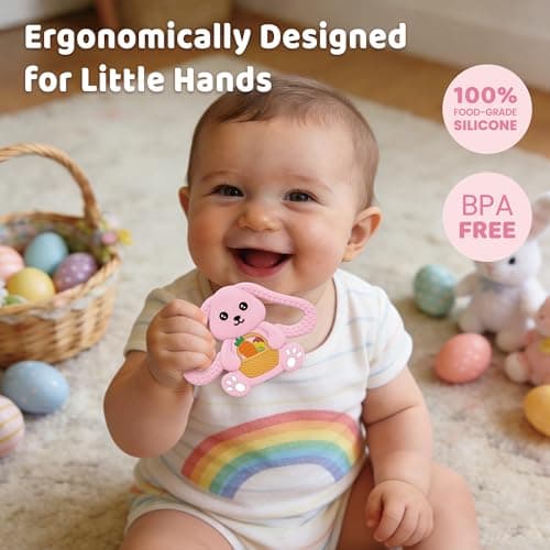 Easter Basket Stuffers Baby Teething Toys, Bunny Silicone Teething Toy for Babies 0 3 6 9 12 18 Months, Easter Basket Stuffer Essential, Baby Rabbit Carrots Teether for Baby & Toddler First Gifts - Thumbnail 2