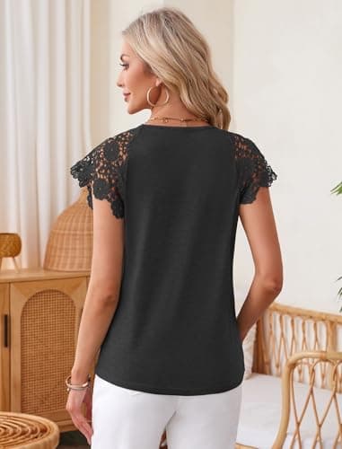 Angashion Womens Tops Lace Short Sleeve Casual V Neck Tunic with Button Summer Elegant Business Work Blouse Black Medium - Thumbnail 3