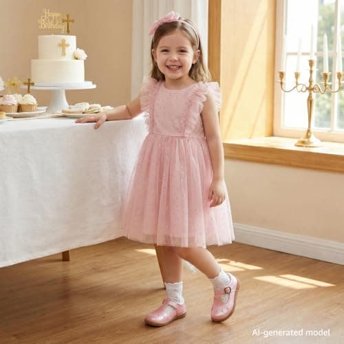 WIDE TOE BOX Toddler Mary Jane Shoes Wide Girl Dress Shoes Lightweight Non-Slip School Uniform Ballet Flats for Birthday Party Wedding Church Pink Toddler Size 9 - Thumbnail 2
