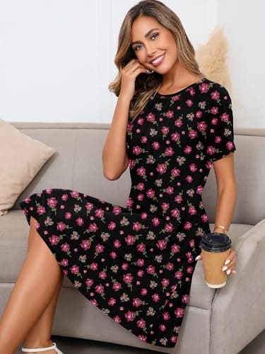 Heymoments Women's Short Sleeve Dress Floral Print Large Crewneck Casual Loose Flowy Below Knee Length Sundress Business A Line Shirt Teachers Summer Novelty Boho Dresses with Pockets - Thumbnail 2