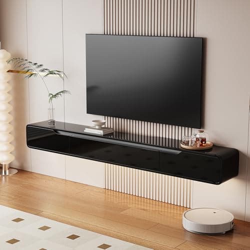 FurniNova High Gloss Floating TV Stand with 3 Doors,55'' Wall Mounted TV Cabinet,Under TV Console,Floating Media Shelft for Bedroom Living Room(Black) - Image 1