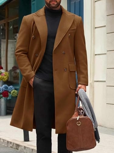 Runcati Mens Wool Blend Casual Trench Coat Notched Collar Lapel Long Jacket Double Breasted Classic Winter Overcoat - Thumbnail 5