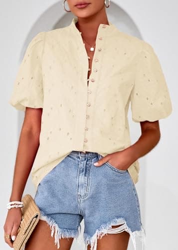 Lazysmile Summer Boho Tops for Women Short Sleeve V Neck Button Down Hollow Out Lace Embroidered Blouses Shirts Apricot - Thumbnail 6