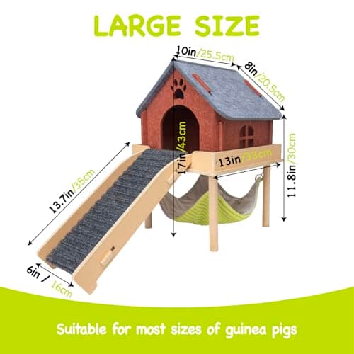 BESNEW 3 in 1 Enlarged Guinea Pig Hammock,Wooden Guinea Pig Hideout with House & Platform & Stairs Small Animal Toys for Hiding Sleeping Activities - Thumbnail 4