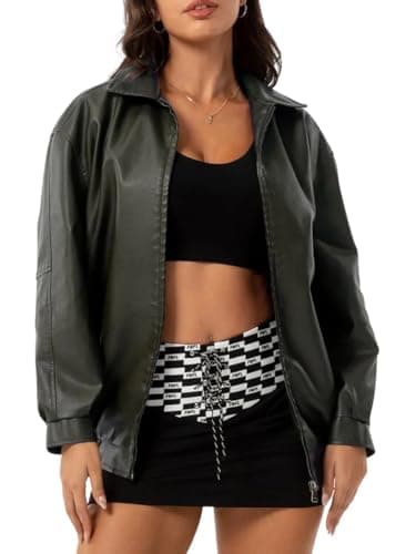 hathne Women's Oversized Leather Jackets Faux Zip Up Fall Fashion Motorcycle Jackets Coats Winter Clothes(Army Green,S) - Image 1