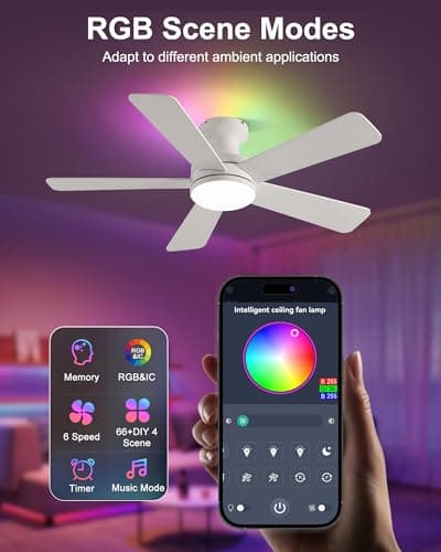 Ombrin 42 Inch Ceiling Fan with Lights, RGB Ceiling Fan with Light, App & Remote Control, Flush Mount Low Profile, Reversible, 3CCT, Dimmable LED, Noiseless, White Ceiling Fan for Bedroom - Thumbnail 5