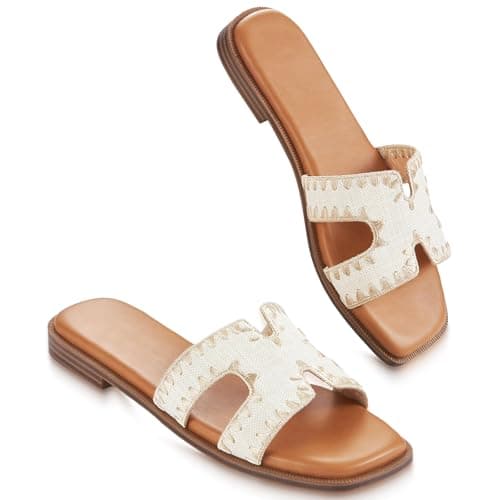 KENMITDY Womens Sandals Slip On Fashion Flat Sandals Soft Memory Foam Slides Comfortable Leather Open Toe Slide For Summer Dressy 2026 Lafite-print Size 10 - Image 1