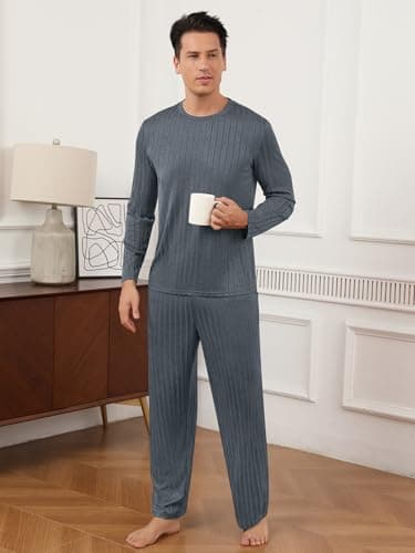 RQP Mens Pajama Set Soft Pijamas Sets for Men Long Sleeve Full Length Pants Pjs Sleepwear,Slate Grey - Thumbnail 4