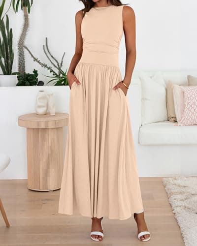 BTFBM Summer Maxi Dresses for Women 2026 Spring Sleeveless Casual Ruched High Waisted Long Sundress Flowy Beach Dress(Beige, XX-Large) - Thumbnail 4