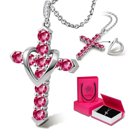 Cross Necklace for Women, Heart Cross Necklace for Women, 18K Gold Plated, Silver Necklace for Women, Dainty Cubic Zirconia Pendant, Hypoallergenic Jewelry for Women, Christian Religious Gifts(Rose Red-Silver) - Image 1