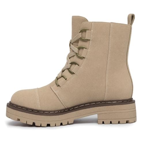 Athlefit Women's Combat Ankle Boots Platform Chunky Low Heel Boots Fashion Lug Sole Lace Up Taupe Booties Size 8 - Thumbnail 2