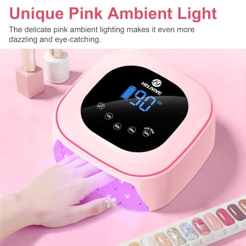 HELIVIVE Cordless UV LED Nail Lamp, 80W Rechargeable Nail Dryer with 4 Timers, Atmosphere Light & Mirror Base, UV Light for All Gel Nails, Ideal for Training,Nail Art Practice,Home & Salon Use (Pink) - Thumbnail 2
