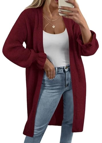 KIRUNDO Long Cardigan Sweaters for Women 2026 Spring Casual Oversized Ruffle Long Sleeve Open Front Chunky Knit Sweater Coats(Burgundy, Small) - Image 1