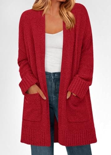 KIRUNDO Cardigan Sweaters for Women 2026 Fall Chunky Fuzzy Knit Open Front Loose Long Sleeve Sweater Coats Winter Clothing(Red, Large) - Thumbnail 4