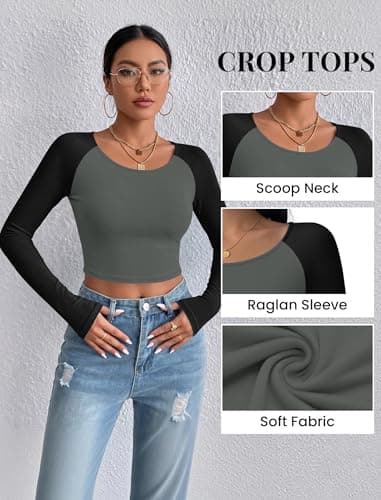 Ekouaer Womens Long Sleeve Tops Scoop Neck Crop Shirts Basic Tight Undershirts Raglan Clothes Grey Black Combo XS - Thumbnail 6