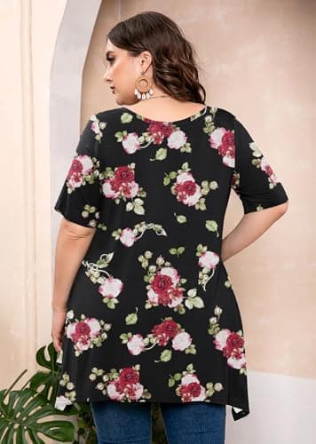 AusLook Plus Size Tops for Women Tunic Clothes Short Sleeve Midnight Red Rose Summer 2X Blouse Swing Tee Crewneck Clothing Flowy Shirts for Leggings - Thumbnail 5