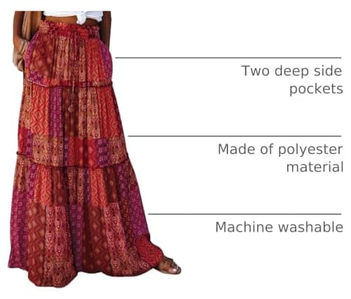 EARKOHA Womens Casual High Waist Tie Paisley Print Long Maxi Skirt with Pockets Red-1 L - Thumbnail 4