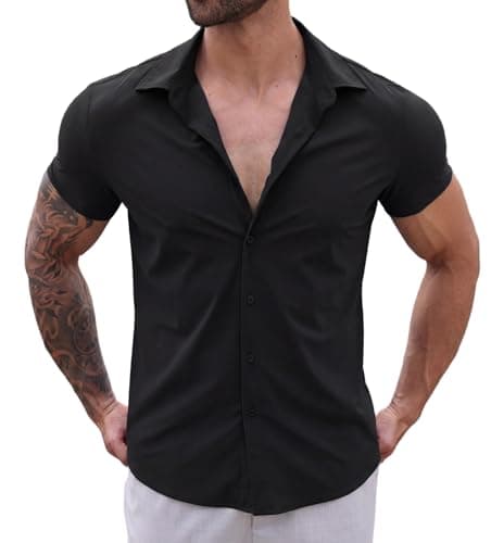 Askdeer Men's Muscle Fit Dress Shirts Stretch Wrinkle Free Short Sleeve Button Down Casual Slim Fit Shirts Black - Image 1
