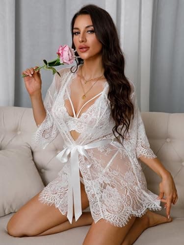 Rigeri White Lace Robe Sheer Chemise Bridal Lingerie For Women White XS - Thumbnail 4