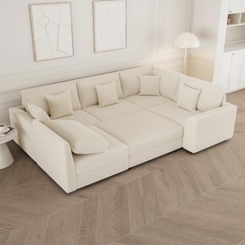 146" Modular Sectional Sofa, Oversized U Shaped, Convertible Sleeper Sofa, Deep Seat Comfy Cloud Couch with Ottoman and 5 Pillows for Living Room - Thumbnail 4