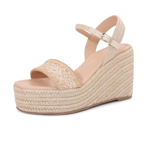 Paiyonan Women's Raffia Strap Espadrille Wedge Sandals - Ankle Buckle Platform Wedges Open Toe Summer Beach Casual Shoes (Raffia Beige, US Footwear Size System, Adult, Women, Numeric, Medium, 5.5)