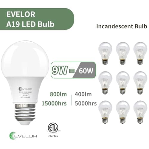 evelor 6-Pack A19 LED Light Bulbs,60 Watt Equivalent Soft White 2700K with E26 Base,Efficient 9W,800 Lumens Non-Dimmable Warm White LED Bulbs,15000 Hours, Ideal for Bedroom Living Room - Thumbnail 3