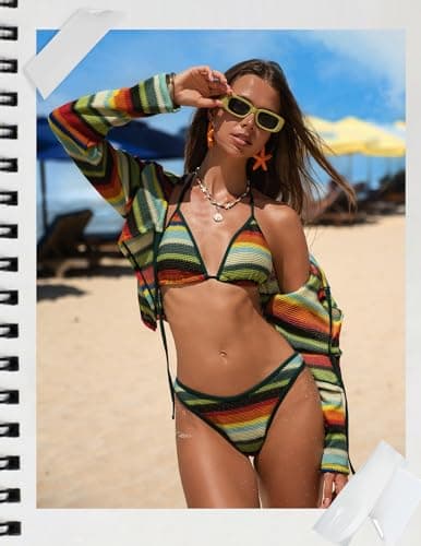ZAFUL Swimsuit Coverup Shirt for Women Crochet Cardigan Bathing Suit Cover Up Long Sleeve Cover Ups Top Strip Green M - Thumbnail 4