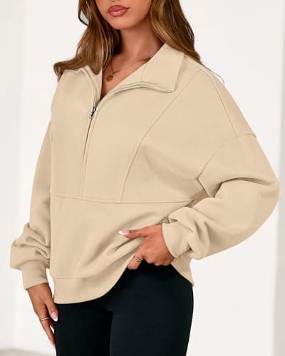 KIRUNDO Sweatshirt for Women 2026 Fall Half Zip Pullover Oversized Fleece Mock Neck Hoodies Fashion Outfits Winter Clothing(Beige, X-Large) - Thumbnail 3