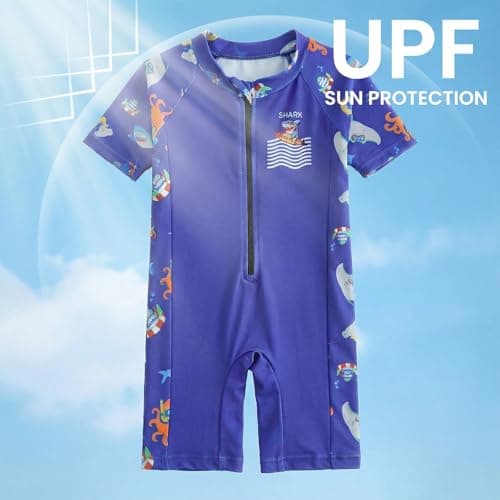DivingBirds Toddler Boy Rash Guard Swimsuit Short Sleeve,Baby Boy One Piece Swimwear Sun Protection Bathing Suit,Blue Shark,3-6 Months - Thumbnail 5