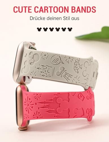 Girovo 2 Packs Cartoon Engraved Bands Compatible with Apple Watch Bands 38/40/41/42mm Women, Cute Anime Soft Silicone Strap for iWatch Series 11 10 9 8 7 6 5 4 3 SE/Ultra 3 2 1,Bright Pink&Starlight - Thumbnail 2