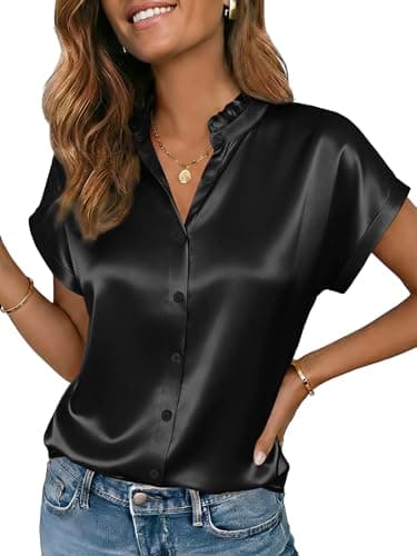 Funlingo Womens Blouses Short Sleeve Satin Silk Button Down Shirts Dressy Business Casual Work Tops Summer Office Clothes 2026 Black S - Image 1