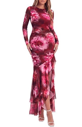 BTFBM Women's Maxi Dresses Fall 2026 Long Sleeve Bodycon Floral Ruffle Cocktail Wedding Guest Dress Concert Outfits(Floral Wine Red,Medium) - Image 1