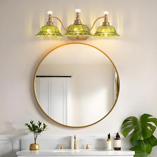 PUAMUBUA Vintage Bathroom Vanity Light Fixtures, 3-Light Brass Light Fixtures Over Mirror with Green Crystal Glass Flower Shade, Mid Century Farmhouse Wall Mount Lighting for Living Room, Kitchen - Thumbnail 6