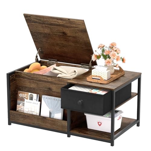 SINPAID Coffee Table with Storage, Rectangular Coffee Tables for Living Room, Farmhouse Coffee Table with Hidden Storage Compartment and Adjustable Shelves, Walnut