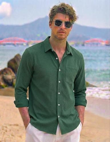 ZAFUL Vacation Men Shirt Mens Business Casual Shirts Slim Fit Business Casual Outfits Dark Green S - Thumbnail 2