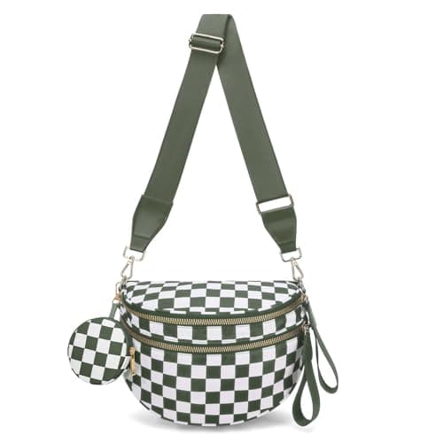 WOOMADA Checkered Crossbody Bag Bum Bag for Women, Spacious Nylon Fanny with Removable Wallets(2pcs-Army Green Checkerboard) - Image 1