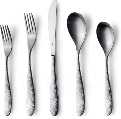 Danialli Matte Silverware Set, 18/10 Stainless Steel Satin Flatware, Modern Brushed Finish Cutlery, Dishwasher Safe & Durable, Built to Last (40-Piece, Marettimo Hammered) - Image 1