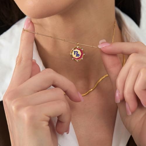 LETFLY Capricorn Zodiac Necklace for Women, 18K Gold Plated Octagon Shaped Pendant with Cubic Zirconia Adjustable Layered Snake Chain for Womens Jewelry Gifts - Thumbnail 3