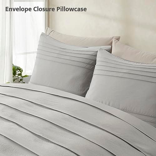 Oli Anderson Light Grey Duvet Cover King Size - Pleated King Duvet Cover, 3PCS Soft and Breathable Textured Bedding Set with Zipper Closure(Light Grey,104"x90") - Thumbnail 6