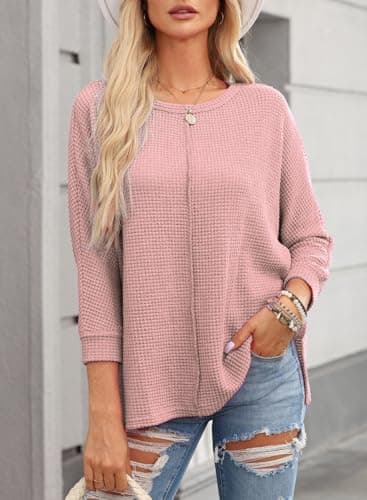 Dokotoo Womens Long Sleeve Tops Plus Size Women Blouses Dressy Casual Fall Outfits for Women 2026 Oversized Shirts Waffle Knit Top Business Casual Outfits Pink Blouses M - Thumbnail 5