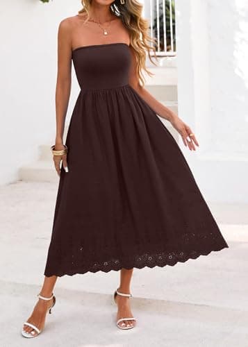 Lazysmile Summer Boho Maxi Dress for Women Strapless Tube Top Lace Trim A Line Beach Casual Long Dress Brown - Thumbnail 4
