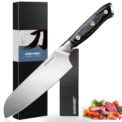 ANSHEE 7 Inch Japanese Santoku Knife-Full Tang High Carbon Stainless Steel Professional Chef Knife, Multipurpose Kitchen Blade with Wood Handle&Sheath/Gift Box for Meat, Veggies,Fruits Home&Restaurant
