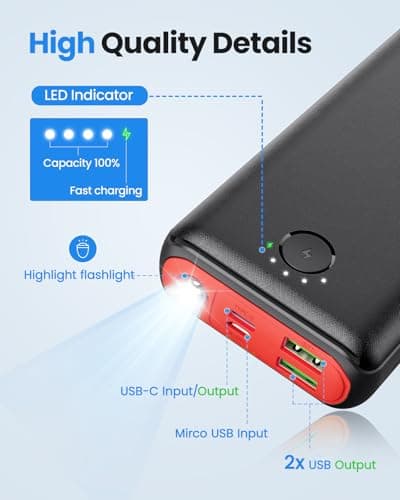 DAOLOT Portable Charger Power Bank 30000mAh USB C 22.5W Fast Charging External Battery Pack PD QC4.0 with Flashlight 3 Outputs & 2 Inputs Battery Bank for iPhone Samsung Galaxy iPad etc (Red) - Thumbnail 5
