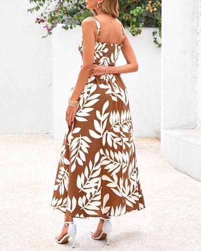PRETTYGARDEN Womens Summer Dresses 2026 Casual Spaghetti Strap Ruffle Smocked Flowy Floral Spring Maxi Dress with Pocket(Khaki,X-Large) - Thumbnail 5
