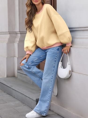 Fisoew Womens Oversized Sweatshirts Crewneck Long Sleeve Pullover 2025 Cute Color Block Casual Fleece Y2k Cropped Tops Beige - Thumbnail 4