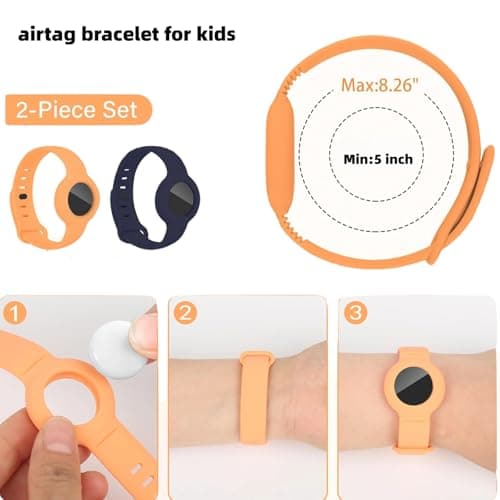 Airtag Bracelet for Kids Adjustable Airtag Watch-Style Wristband, Waterproof Silicone Airtag Holder, Compatible with Apple Airtag, 2-Pack / 8-Pack air tag Bracelet (Blue/Papaya 2 piece) - Thumbnail 2