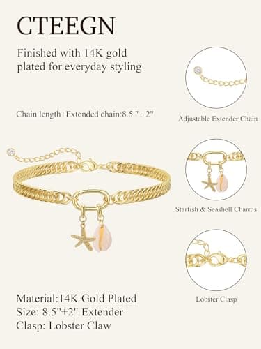 CTEEGN Anklets for Women Waterproof, 14K Gold Plated Anklet, Gold Ankle Bracelet for Women with Removable Starfish Shell Charms, Cuban Link Anklet for Big Ankles, Non Tarnish Summer Beach Jewelry - Thumbnail 5