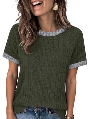 ANRABESS Womens Tops Summer Short Sleeve Shirts Dressy Casual Color Block Work Blouse 2026 Spring Trendy Lightweight Sweater Deep Green Large - Image 1