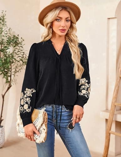LOOKBOHO Women's Floral Embroidered V-Neck Puff Long Sleeve Casual Tops Fashion Boho Mexican Shirts Fall Blouses 2025 L - Thumbnail 2
